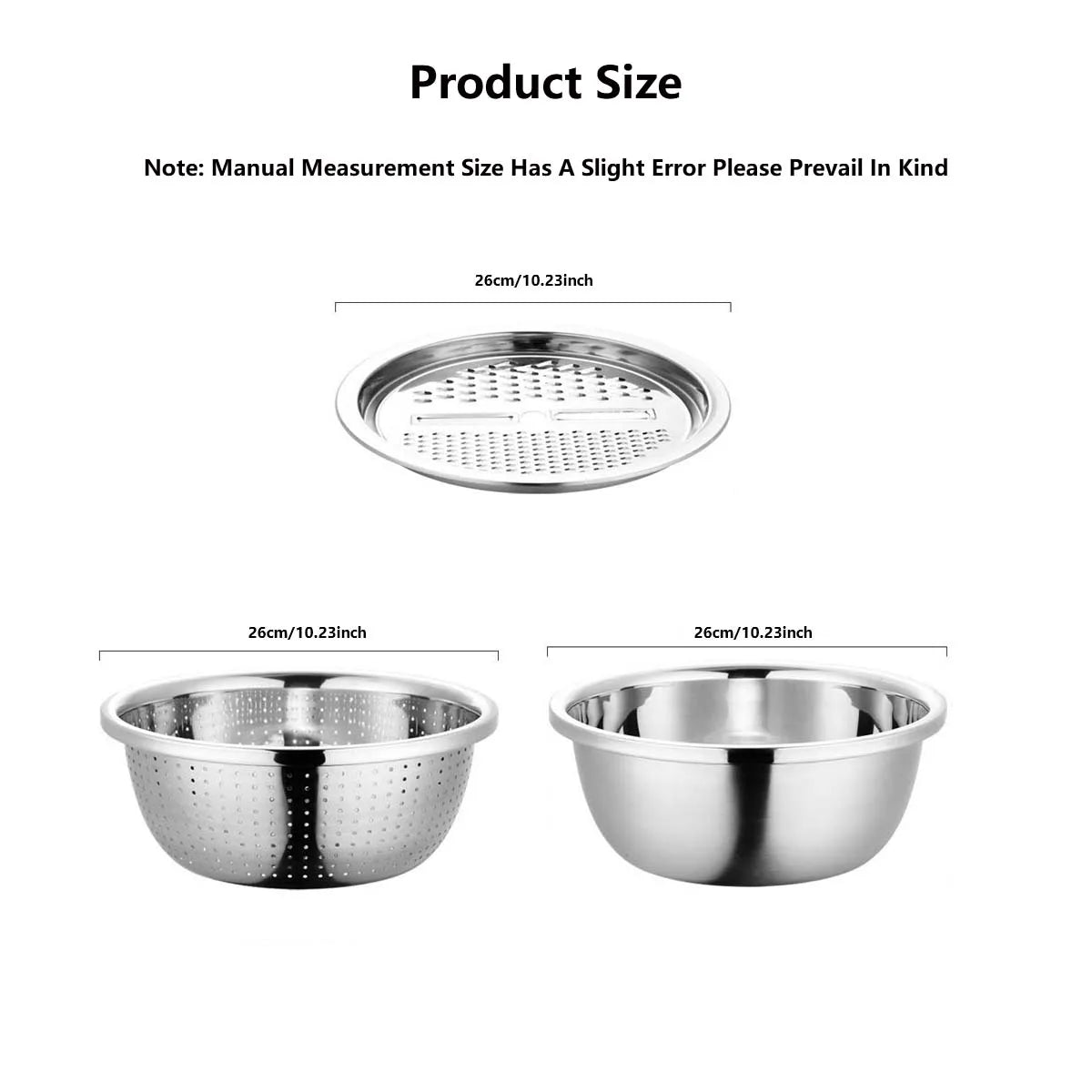 Stainless Steel Kitchen Tool 3-Piece Set With Integrated Grater Multifunctional Strainer And Mixing Bowl For Slicing Vegetables