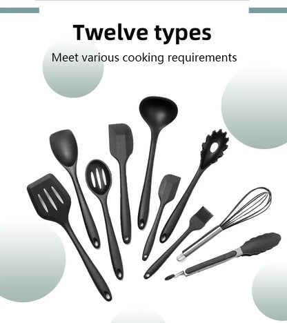 12PCS/Set Premium Quality Silicone Kitchen Utensils Set with Wood Handle and Storage Bucket Kitchen Tools Cooking Accessories