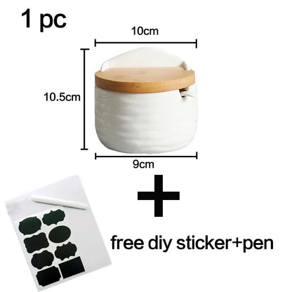 Kitchen Spice Rack Ceramic Wooden Lid Bamboo Tray Base Seasoning Pot Tool Porcelain Storage Container Set Convenient Salt Pepper
