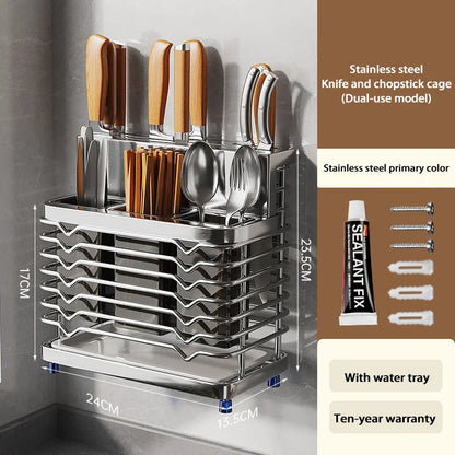Kitchen Knife Holders Storage Rack Household Stainless Stee Countertop Knife Spoon Chopstick Holder With Drain Tray
