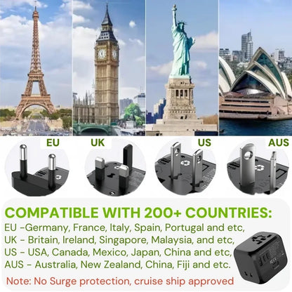 Universal Travel Adapter | EU UK USA Plug Converter with USB-C Charger