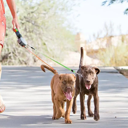 Dual Dog Retractable Leash for 2 Dogs – 10ft Auto-Untangle Reflective Leads, 50lbs Per Dog, Color-Coded Control