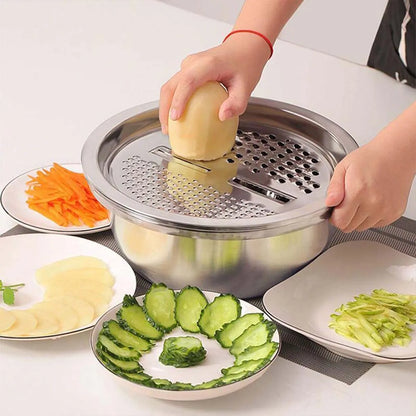 Stainless Steel Kitchen Tool 3-Piece Set With Integrated Grater Multifunctional Strainer And Mixing Bowl For Slicing Vegetables