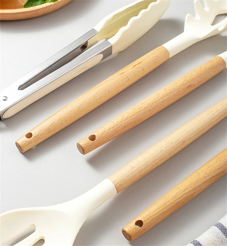 12 Pcs Silicone Kitchen Utensils Set Non Stick Silicone Cooking Utensil Set Heat Resistant Cookware with Wooden Handle JT558