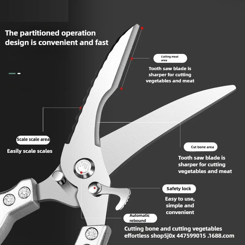 Stainless Steel Kitchen Food Scissors, A Multifunctional Kitchen Tool Suitable for Cutting Chicken Bones, Fish, and Vegetables