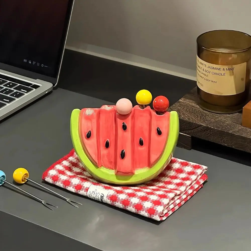 Kitchen Supplies Stainless Steel Watermelon Fruit Fork Cute Creative Dessert Cake Fork Safety with Storage Can Fruit Stick Kids