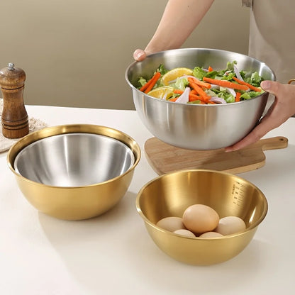 A set of three stainless steel bowls for mixing, kneading dough, and serving salads, suitable for kitchen use.