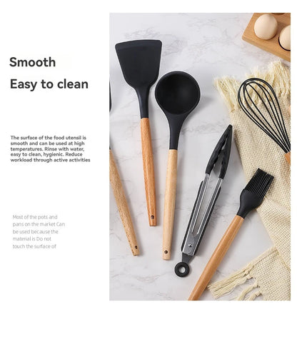 Kitchen Tools Set Wooden Handle Nonstick Pan Food Grade Cooking Silicone Storage Kit Stir Fry Baking Kitchen Set
