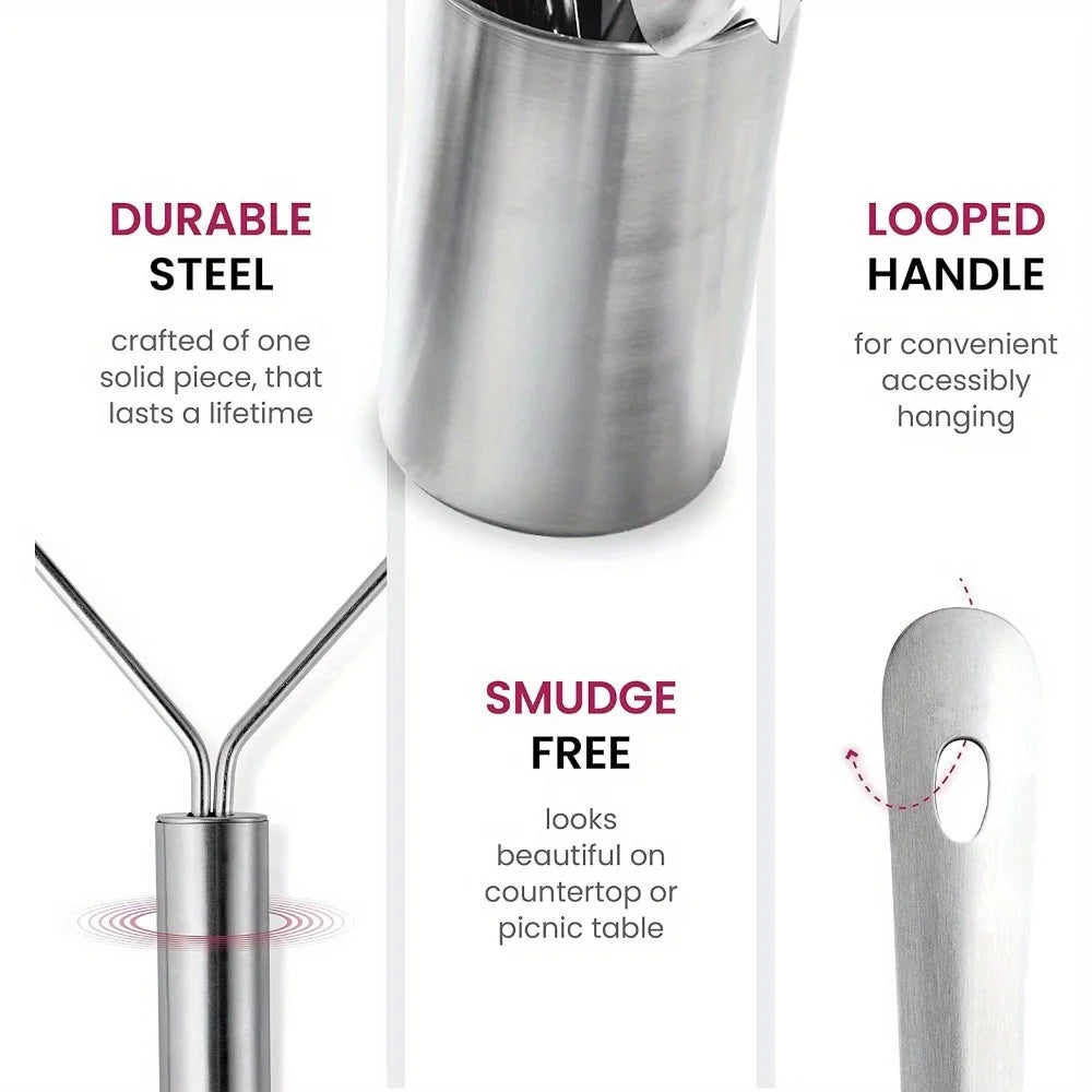 Stainless Steel Kitchen Set - 9 Piece Turning Knife, Spaghetti Spoon, Ladle, Spoon, Whisk, Tongs, Potato Mash and Tool Holder