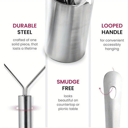 Stainless Steel Kitchen Set - 9 Piece Turning Knife, Spaghetti Spoon, Ladle, Spoon, Whisk, Tongs, Potato Mash and Tool Holder