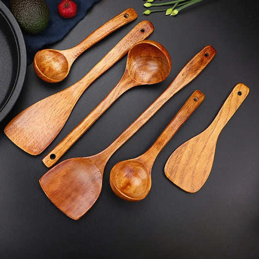 5-Piece Wooden Cooking Utensils Set – Non-Stick Kitchen Tools with Spoons & Spatulas, Heat-Resistant Cookware for Daily Use