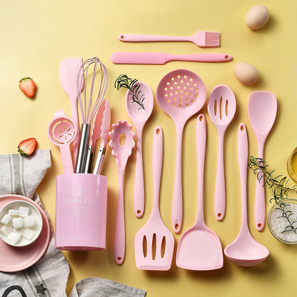 15pcs Pink Silicone Kitchenware with Storage Bucket Spatula Shovel Ladle Cookware Kitchen Utensils Set Non-Stick Cooking Tools