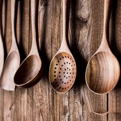 5pcs Premium Wooden Kitchen Utensils Set - Ergonomic Handles, Natural Wooden Spoons, Spurtle, Ladle, And Wok Spatulas