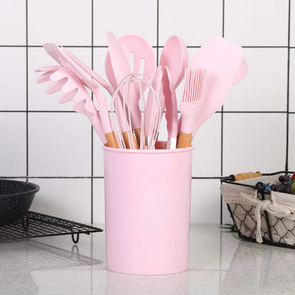 12PCS Silicone Kitchenware Non-Stick Cookware Kitchen Utensils Set Spatula Shovel Egg Beaters Wooden Handle Cooking Tool Set Hot