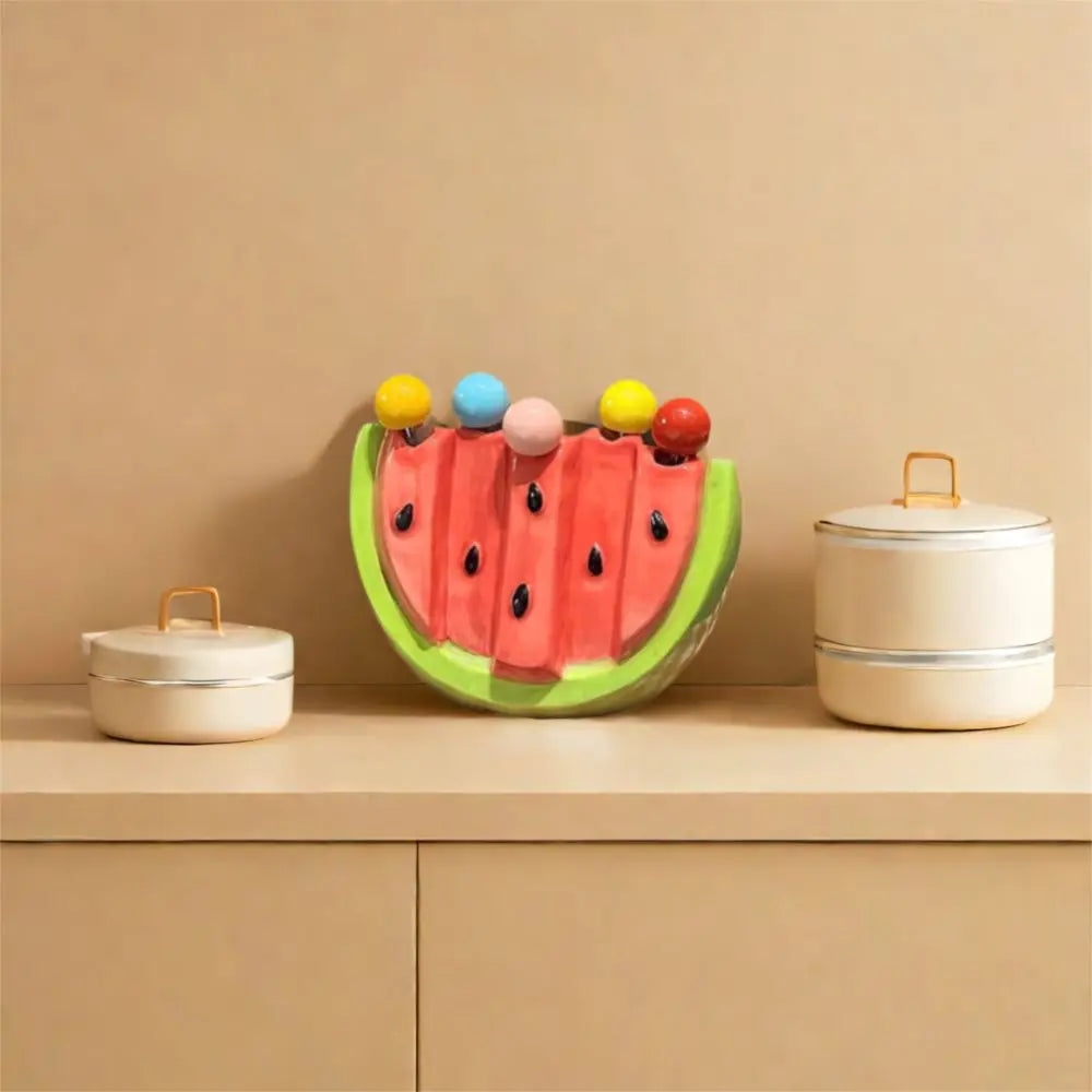 Kitchen Supplies Stainless Steel Watermelon Fruit Fork Cute Creative Dessert Cake Fork Safety with Storage Can Fruit Stick Kids