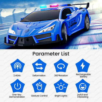 Gesture & Remote Control RC Police Car Toy – 2.4GHz, One-Button Robot Transformer with LED Lights