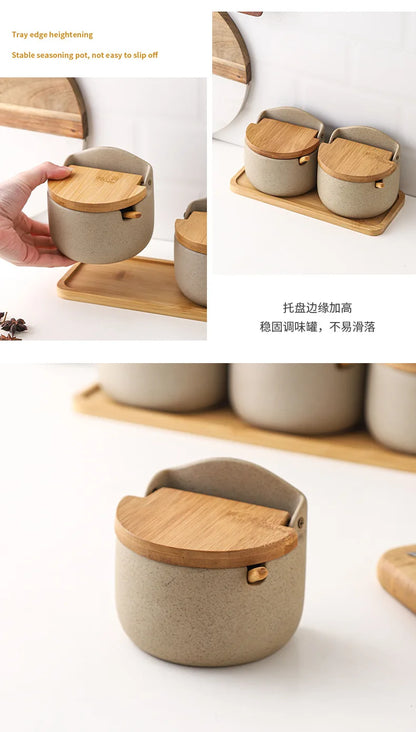 Ceramic Seasoning Jars with Wooden Lid Salt Shakers Kitchen Supplies White Spice Organizer Canister Spoon Set White Sugar Box