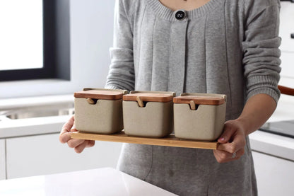 Ceramic Seasoning Jars with Wooden Lid Salt Shakers Kitchen Supplies White Spice Organizer Canister Spoon Set White Sugar Box