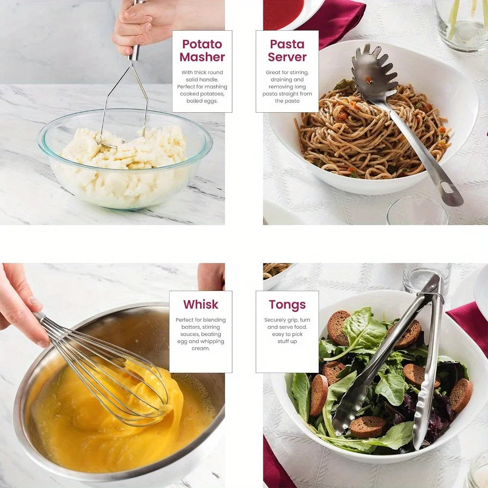 Stainless Steel Kitchen Set - 9 Piece Turning Knife, Spaghetti Spoon, Ladle, Spoon, Whisk, Tongs, Potato Mash and Tool Holder