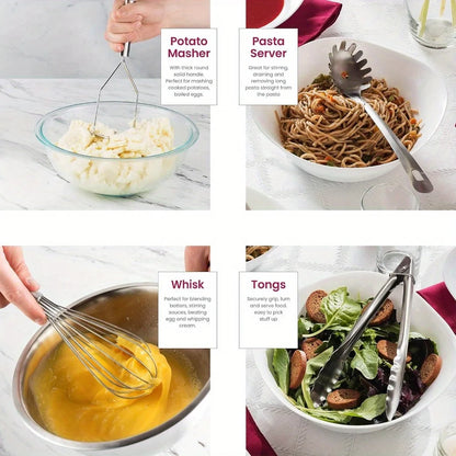 Stainless Steel Kitchen Set - 9 Piece Turning Knife, Spaghetti Spoon, Ladle, Spoon, Whisk, Tongs, Potato Mash and Tool Holder