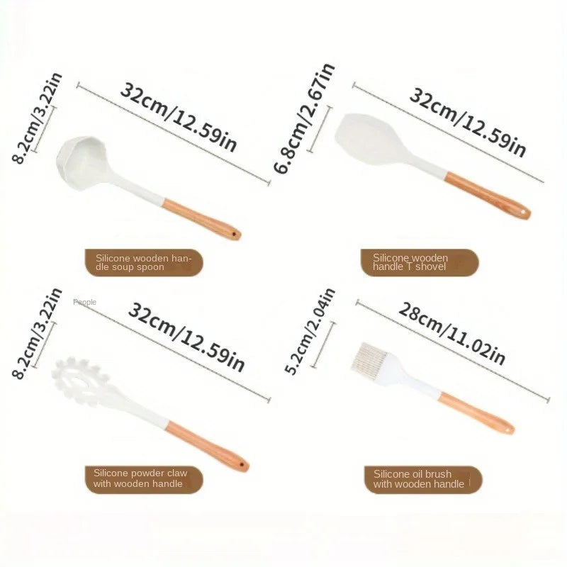 1Set of Silicone Kitchen Utensils with Wooden Handles,equipped with Storage Buckets for Easy Storage and A Cleaner Kitchen
