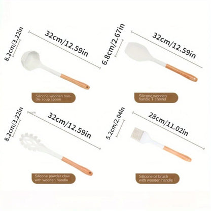 1Set of Silicone Kitchen Utensils with Wooden Handles,equipped with Storage Buckets for Easy Storage and A Cleaner Kitchen
