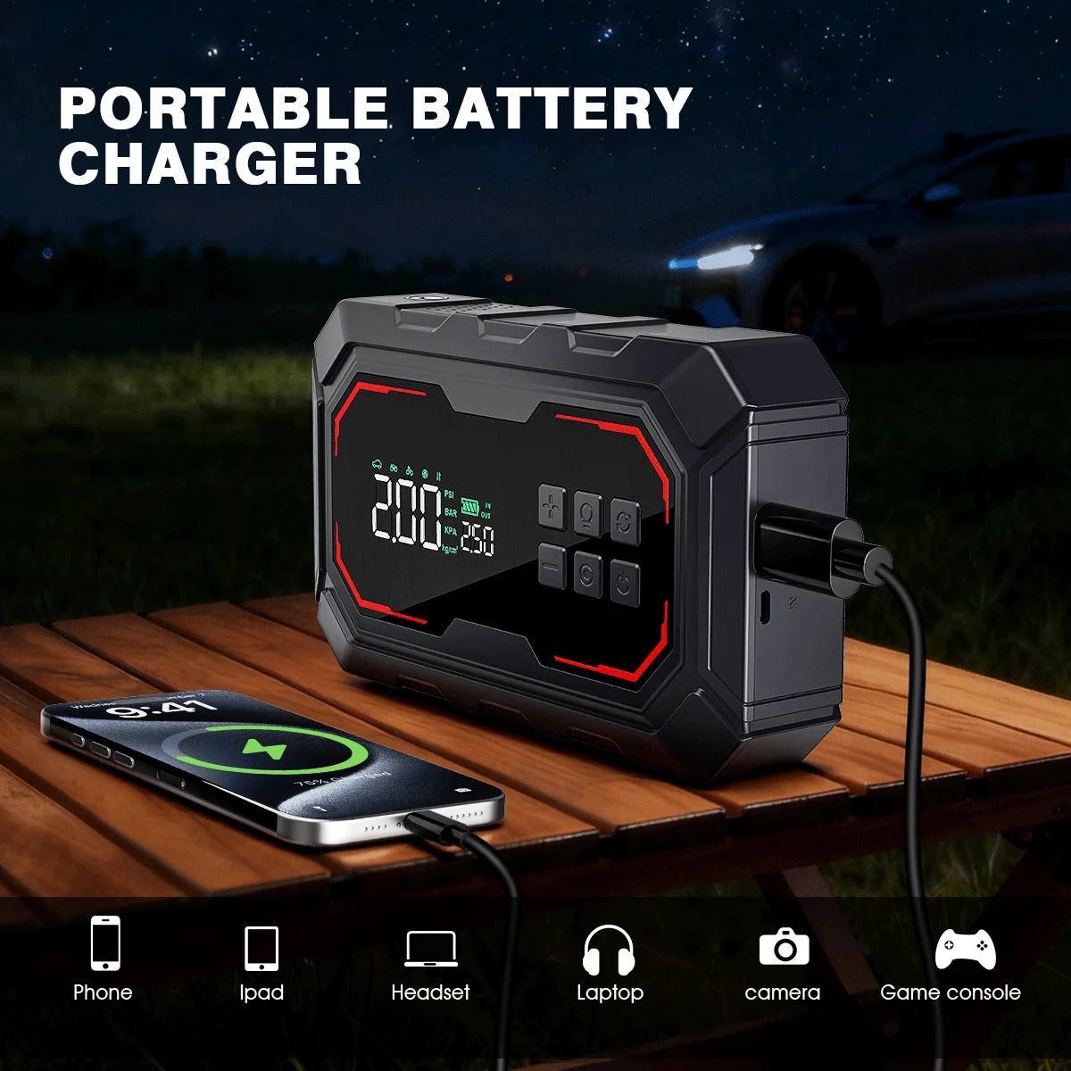 Portable Car Jump Starter with Air Compressor - 150PSI Tire Inflator, 2000A Peak Power Bank & Emergency Light