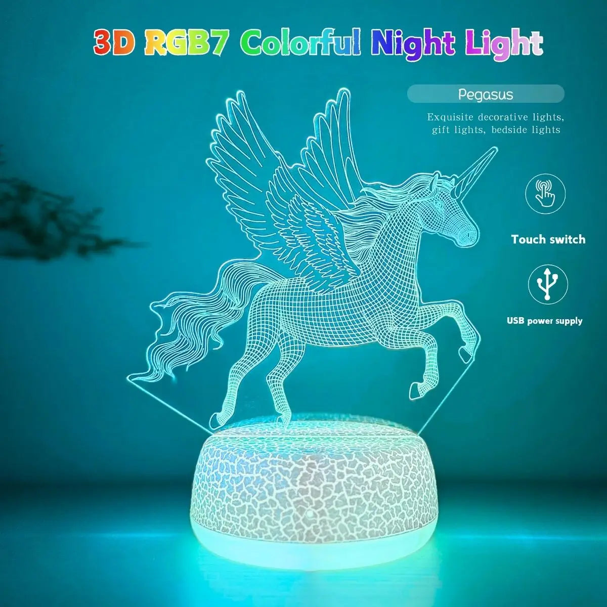 3D Phantom Flying Horse Night Light – RGB 7 Color LED Lamp for Kids Room, Christmas Gift for Boys & Girls