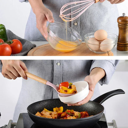Pink Cooking Kitchenware Tool Silicone Utensils With Wooden Multifunction Handle Non-Stick Spatula Ladle Egg Beaters Shovel