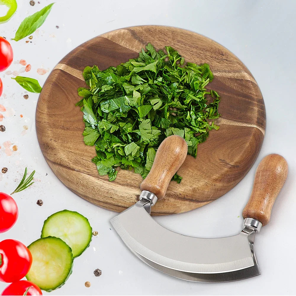 Kitchen pizza knife Stainless steel rocker chopper Slicer cutter Bending double blade salad vegetable meat chopper Kitchen tool