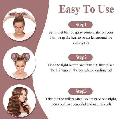 3-Piece Satin Heatless Curling Rod Set – Soft Overnight Curling Headband with Hair Caps for Long Hair
