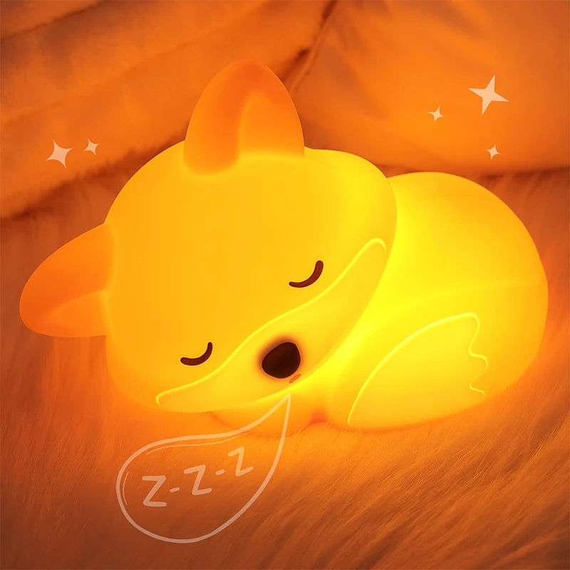 Squishy Fox Night Light – Rechargeable Silicone Lamp with Touch, Dimmable & Timer for Bedside & Breastfeeding