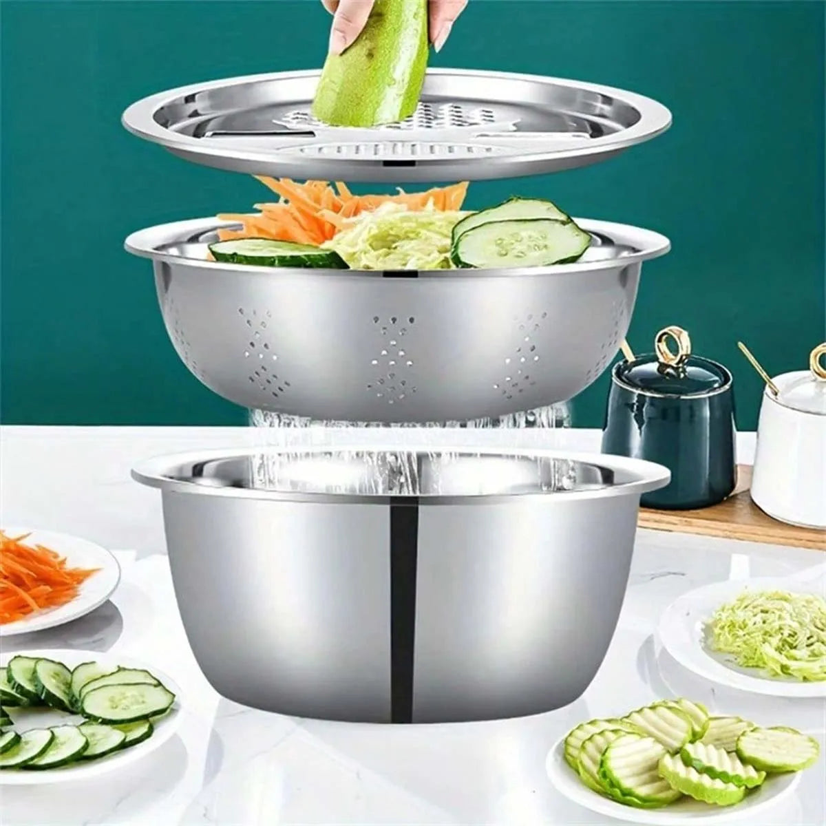 Stainless Steel Kitchen Tool 3-Piece Set With Integrated Grater Multifunctional Strainer And Mixing Bowl For Slicing Vegetables