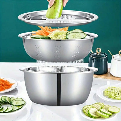 Stainless Steel Kitchen Tool 3-Piece Set With Integrated Grater Multifunctional Strainer And Mixing Bowl For Slicing Vegetables