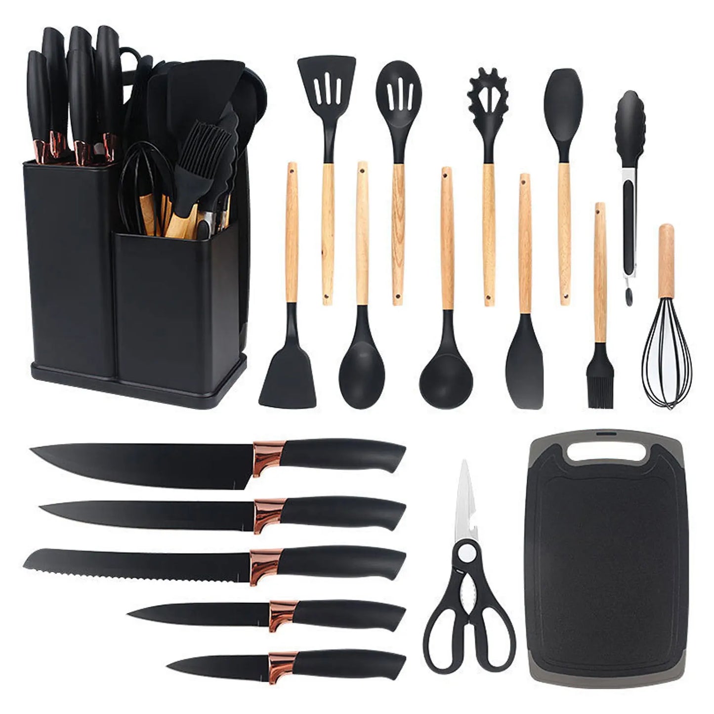 Silicone kitchenware set,19-piece cooking wooden handle scoop,non-stick pan multi-functional integrated knife storage bucket