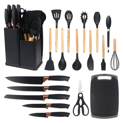 Silicone kitchenware set,19-piece cooking wooden handle scoop,non-stick pan multi-functional integrated knife storage bucket
