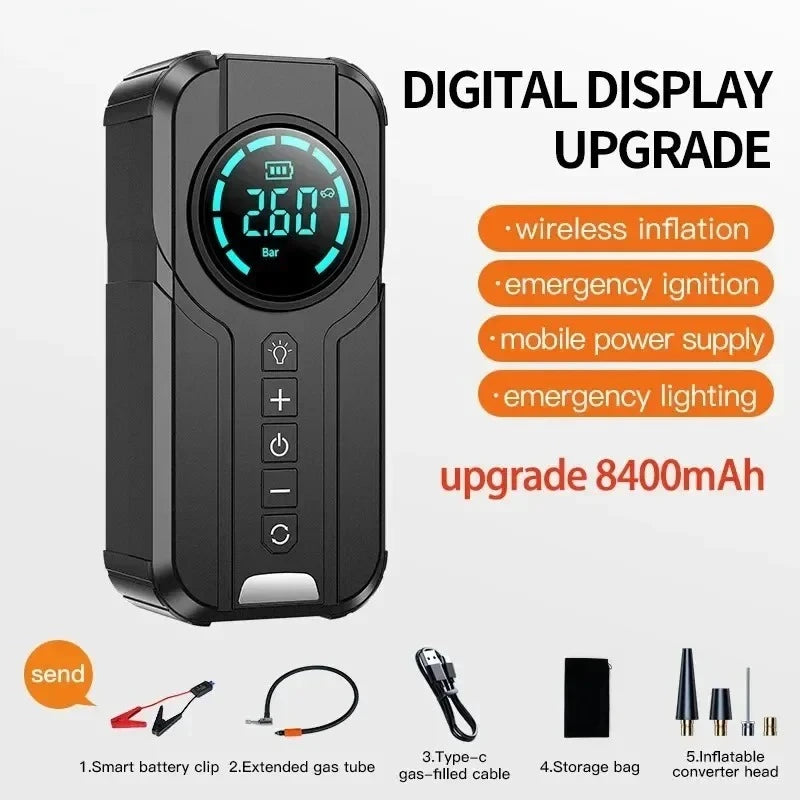 4-in-1 Portable Car Jump Starter with Air Compressor 2000A Peak, Tire Inflator, Power Bank, LED Light