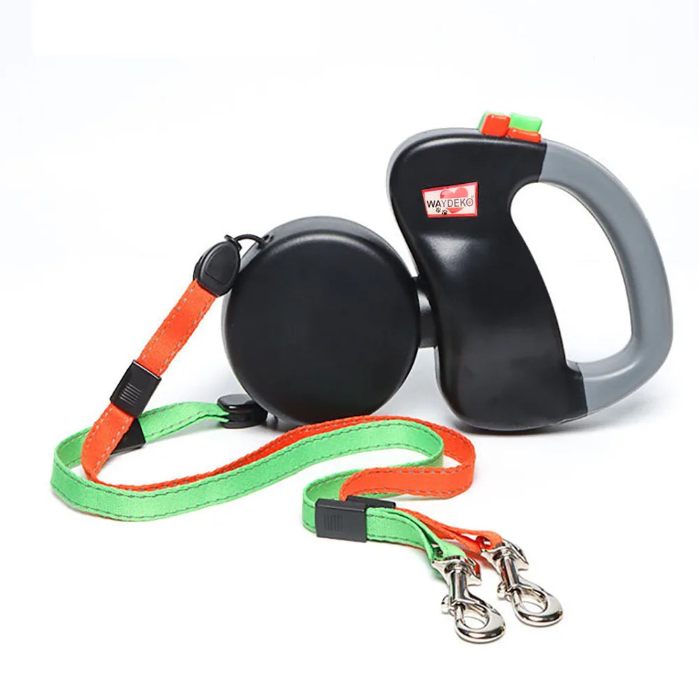 Dual Dog Retractable Leash for 2 Dogs – 10ft Auto-Untangle Reflective Leads, 50lbs Per Dog, Color-Coded Control
