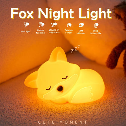 Fox & Rabbit Silicone Night Light – Rechargeable, Touch Sensor, Timer Bedside Lamp for Nursery & Kids’ Room