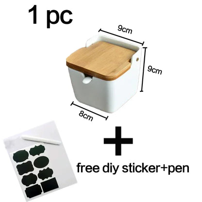 Kitchen Spice Rack Ceramic Wooden Lid Bamboo Tray Base Seasoning Pot Tool Porcelain Storage Container Set Convenient Salt Pepper