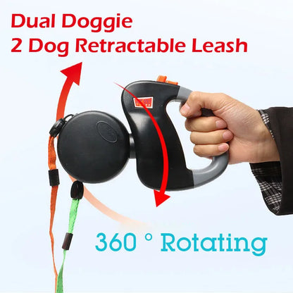 Dual Dog Retractable Leash for 2 Dogs – 10ft Auto-Untangle Reflective Leads, 50lbs Per Dog, Color-Coded Control