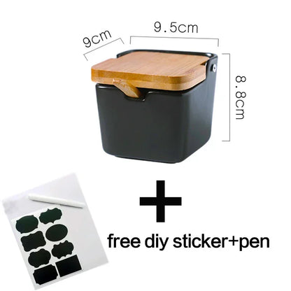 Kitchen Spice Rack Ceramic Wooden Lid Bamboo Tray Base Seasoning Pot Tool Porcelain Storage Container Set Convenient Salt Pepper