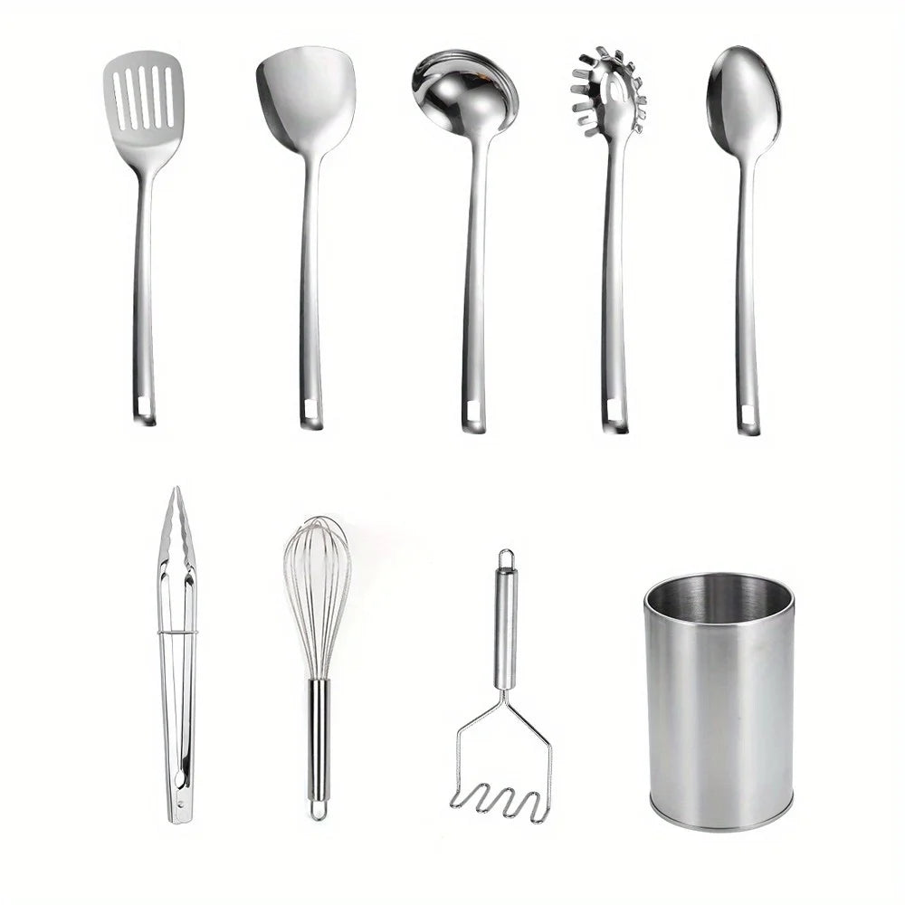 Stainless Steel Kitchen Set - 9 Piece Turning Knife, Spaghetti Spoon, Ladle, Spoon, Whisk, Tongs, Potato Mash and Tool Holder