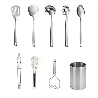 Stainless Steel Kitchen Set - 9 Piece Turning Knife, Spaghetti Spoon, Ladle, Spoon, Whisk, Tongs, Potato Mash and Tool Holder