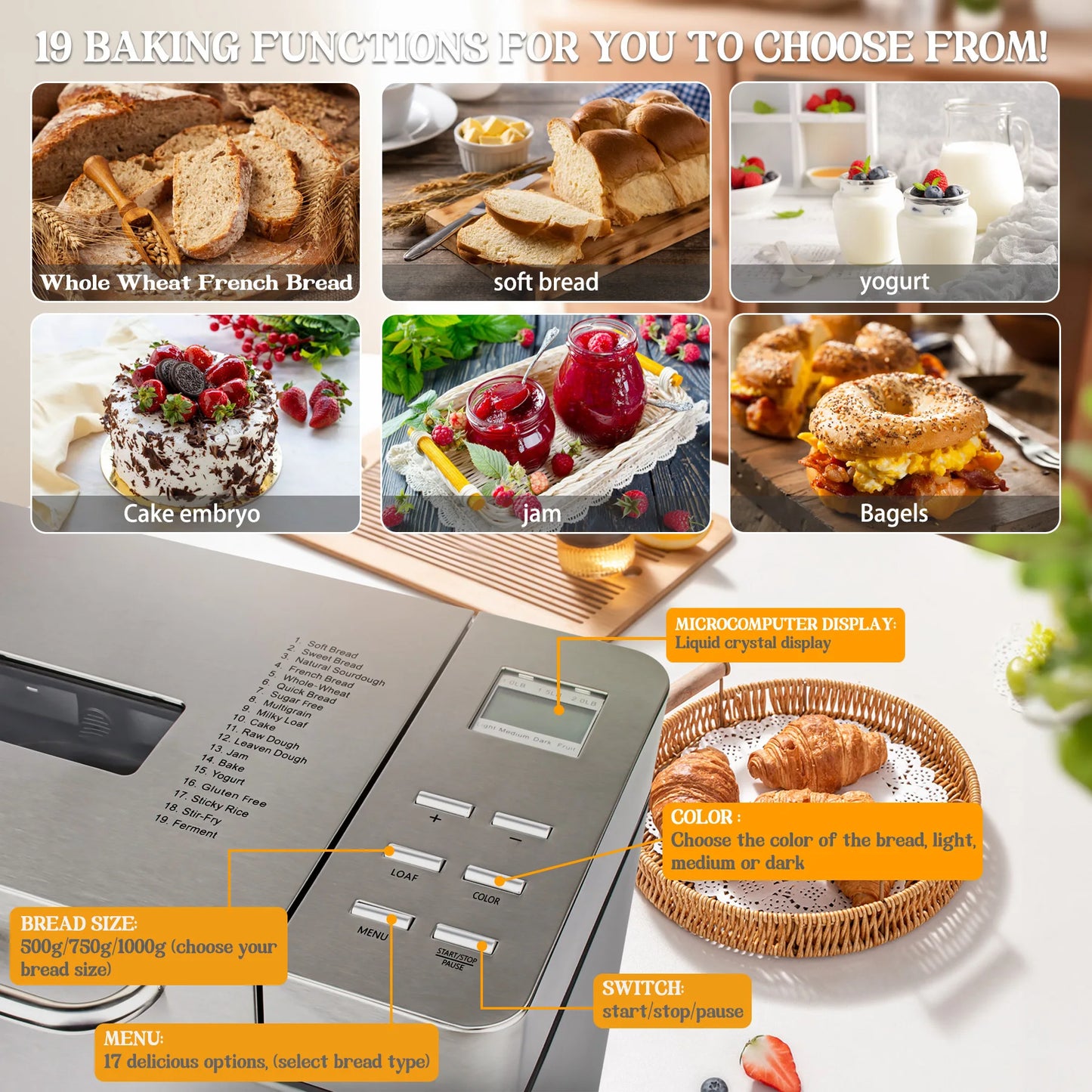Multi-Functional Automatic Bread Maker – 17 Menus, Dough Mixing, Fermentation, Timer & Keep Warm