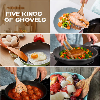 5pcs Premium Wooden Kitchen Utensils Set - Ergonomic Handles, Natural Wooden Spoons, Spurtle, Ladle, And Wok Spatulas