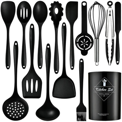 15pcs Pink Silicone Kitchenware with Storage Bucket Spatula Shovel Ladle Cookware Kitchen Utensils Set Non-Stick Cooking Tools