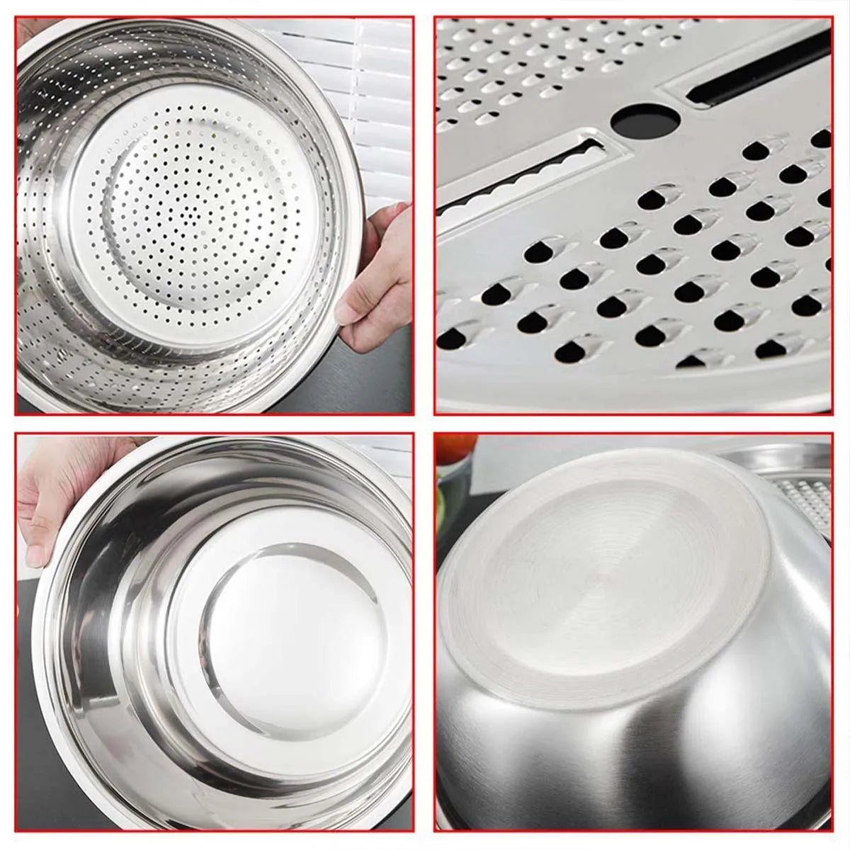 Stainless Steel Kitchen Tool 3-Piece Set With Integrated Grater Multifunctional Strainer And Mixing Bowl For Slicing Vegetables