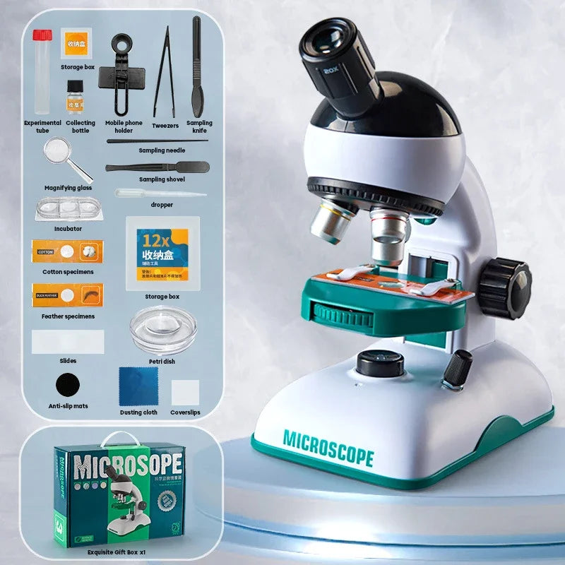 Kids Microscope Science Kit 200X 600X 1200X | LED Biological Experiment Lab with Slides