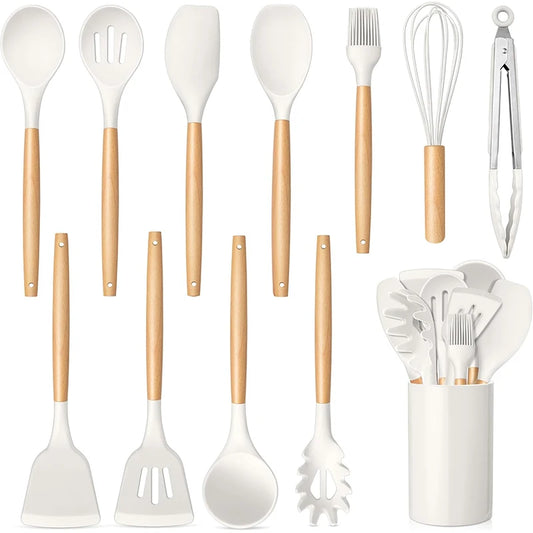 12 Pcs Silicone Kitchen Utensils Set Non Stick Silicone Cooking Utensil Set Heat Resistant Cookware with Wooden Handle JT558